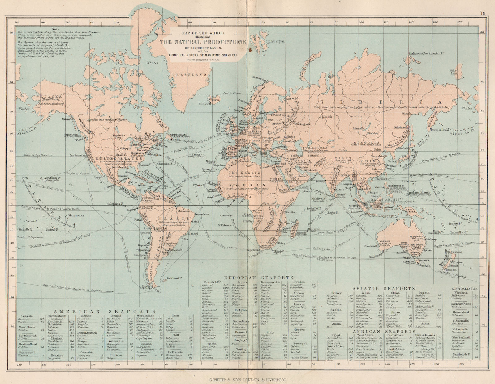 WORLD.Map natural production different lands main routes maritime commerce 1886